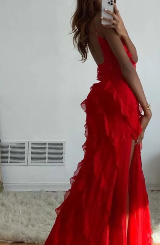 Red Ruffles Long Formal Dress Elegant Evening Dress