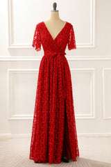 Red V Neck Lace Prom Dress With Slit