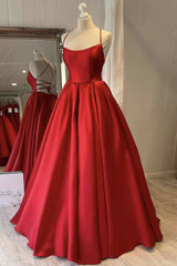 Red Satin Spaghetti Straps Long Prom Dress, Puffy Princess Formal Gown