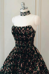 A Line Sparkly Sequin Long Prom Dress, Gorgeous Strapless Long Evening Dress