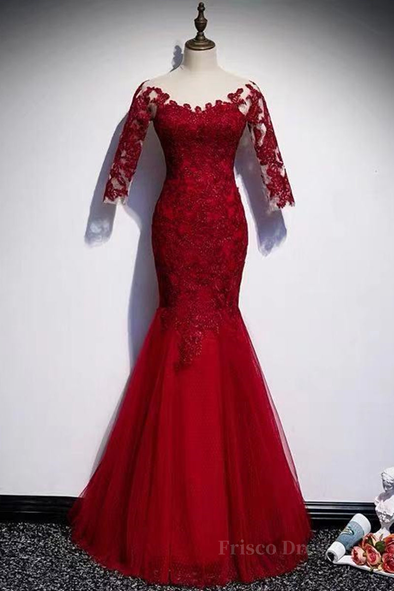 Round Neck Short Sleeves Mermaid Burgundy Lace Long Prom Dress, Mermaid Burgundy Lace Formal Dress, Wine Red Evening Dress
