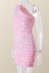 Ruched One Shoulder and Hem Pink Sequin Mini Dress