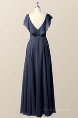 Ruffles V Neck Navy Blue Chiffon Long Bridesmaid Dress