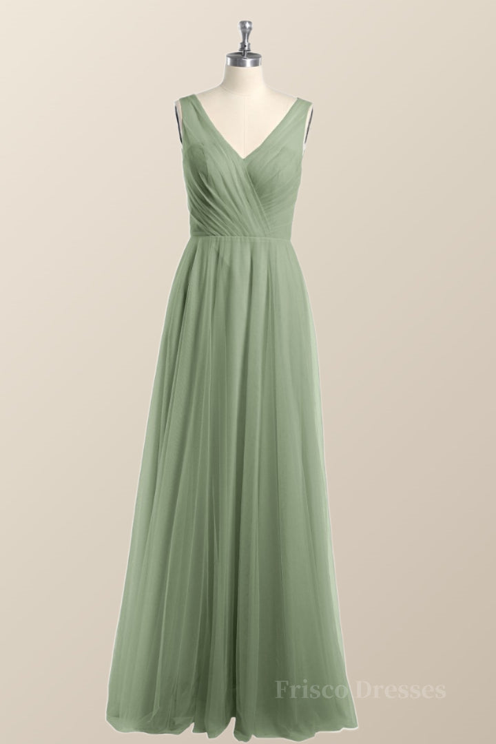 Sage Green V Neck A-line Long Bridesmaid Dress