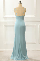 Satin Spaghetti Straps Blue Simple Prom Dress