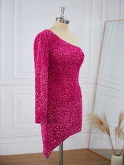 Sheath Long Sleeves Velvet Sequins One-Shoulder Short/Mini Dress