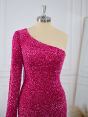 Sheath Long Sleeves Velvet Sequins One-Shoulder Short/Mini Dress