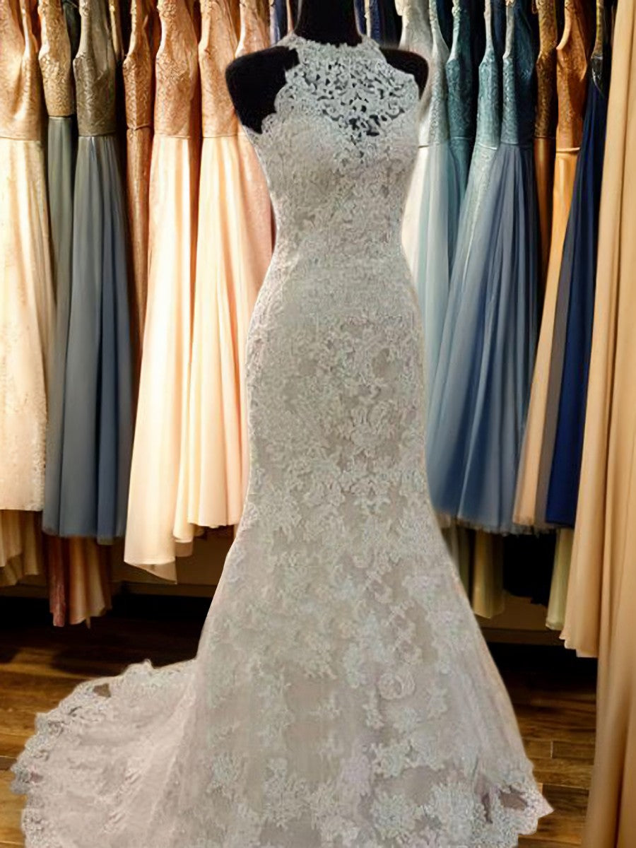 Sheath Scoop Applique Sweep Train Lace Wedding Dress