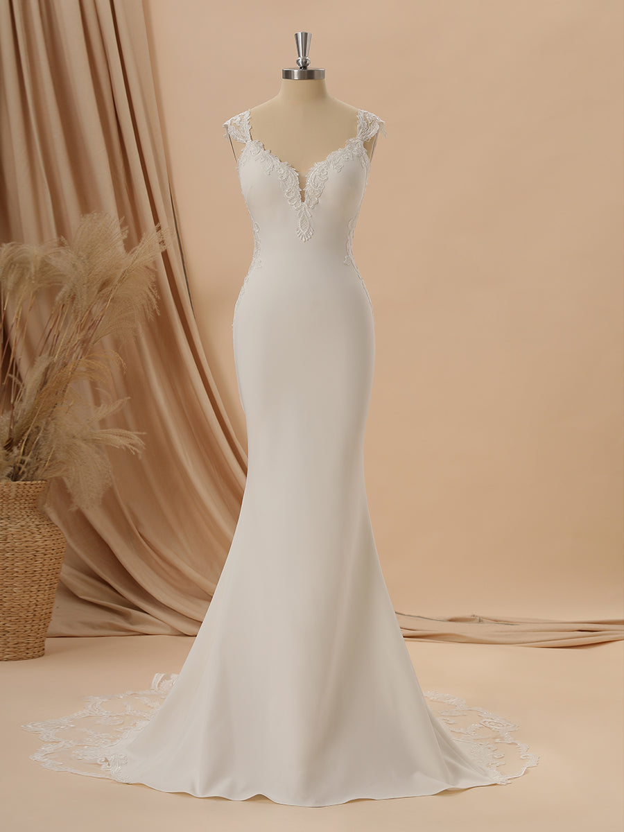 Sheath Stretch Crepe V-neck Appliques Lace Chapel Train Wedding Dress