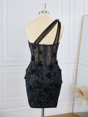 Sheath Tulle One-Shoulder Appliques Lace Corset Short/Mini Dress