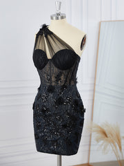 Sheath Tulle One-Shoulder Appliques Lace Corset Short/Mini Dress
