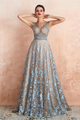 Sheer A-Line Lace Sequin Jewel Long Prom Dresses with Crystals