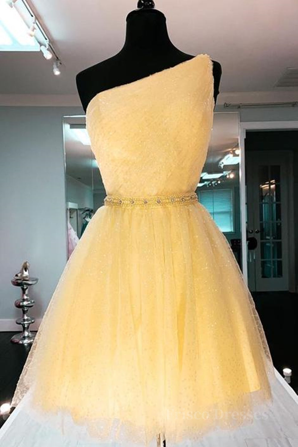 Shiny One Shoulder Yellow Short Prom Homecoming Dress with Belt, Short One Shoulder Yellow Formal Evening Dress