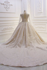 Shiny Sequined Long Sleevess Pleats Champange Wedding Dress