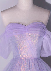 Shiny tulle sequins long purple prom dress A-line evening dress