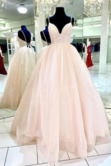 Shiny V Neck Backless Pink Long Prom Dress, Backless Pink Formal Dress, Sparkly Pink Evening Dress