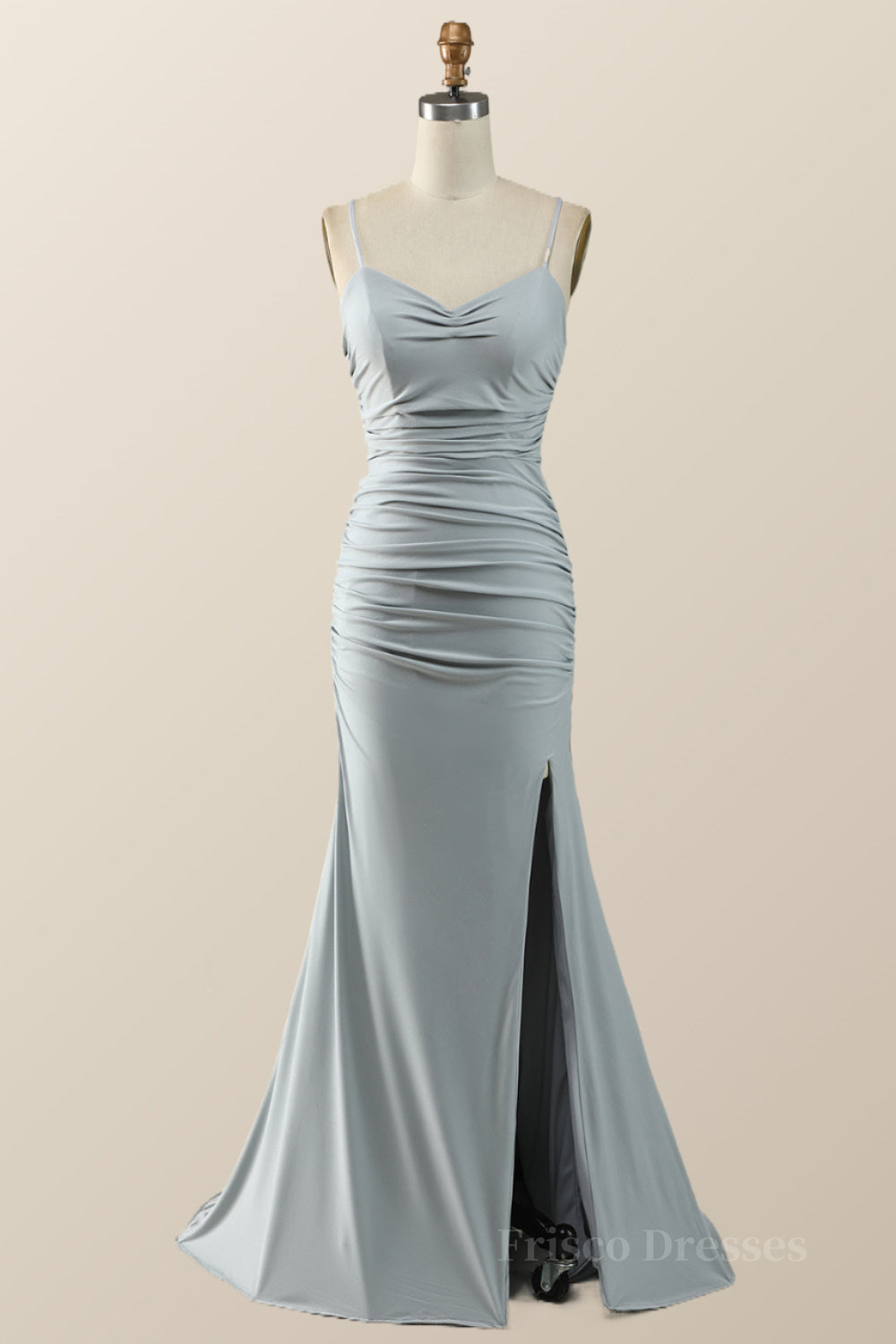Simple Grey Straps Mermaid Pleated Long Formal Dress