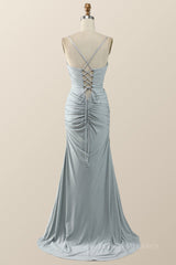 Simple Grey Straps Mermaid Pleated Long Formal Dress