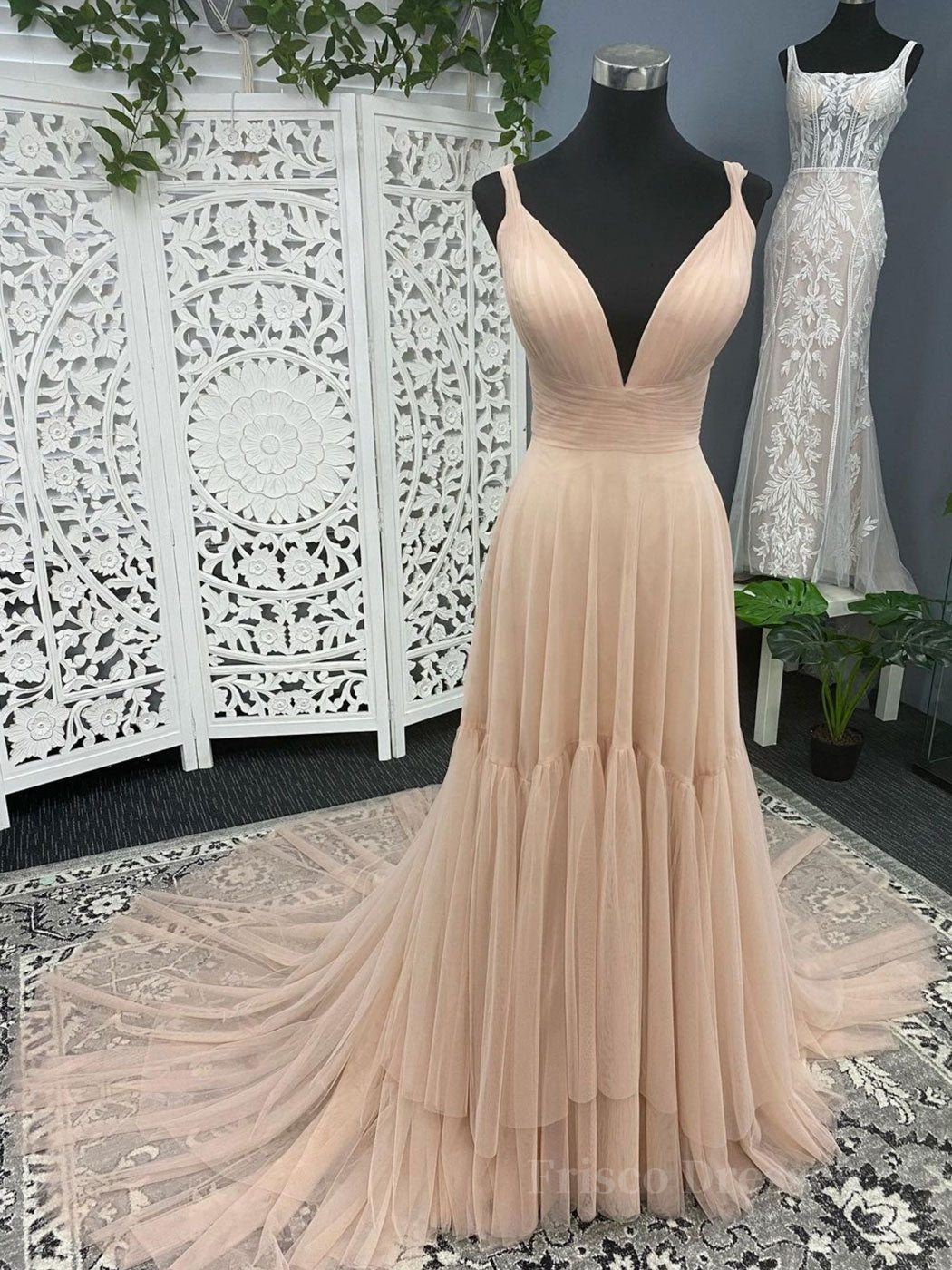 Simple v neck champagne tulle long prom dress, champagne evening dress