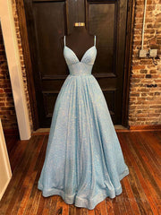 Simple v neck sequin long prom dress, blue sequin formal dress