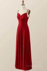 Simply Red Pleated Satin Long Bridesmaid Dress