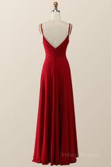 Simply Red Pleated Satin Long Bridesmaid Dress