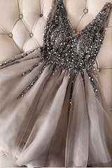 Luxurious Sequins Beaded V Neck Tulle Short V Back Gray Prom Dress, Homecoming Dress