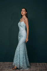 Sky Blue Backless Long Lace Spaghetti Straps Prom Dresses