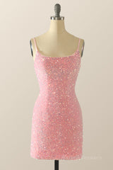 Spaghetti Straps Pink Sequin Bodycon Mini Dress