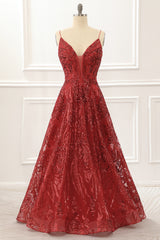 Spaghetti Straps Red Sparkly Corset Prom Dress