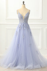 Spaghetti Straps Tulle Lavender Prom Dress With Appliques