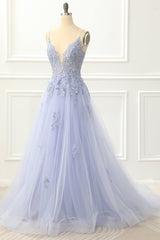 Spaghetti Straps Tulle Lavender Prom Dress With Appliques