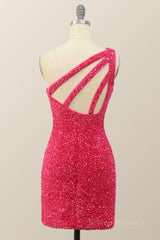 Sparkle One Shoulder Hot Pink Sequin Party Dress