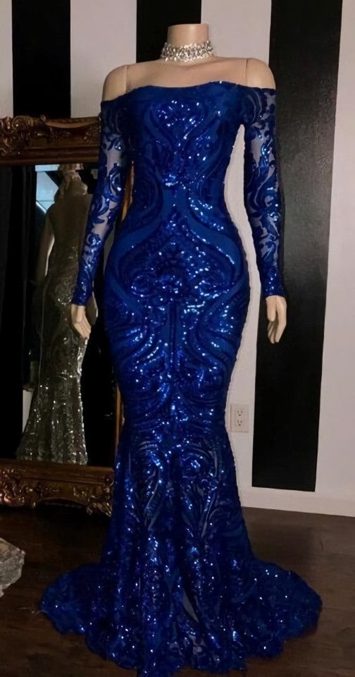 Sparkly Sequined Mermaid African Prom Dresses Royal Blue Long Sleeve Graduation Formal Dress Plus Size Evening Gowns