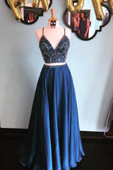 Sparkly Two Piece Sequins Beaded Long A-Line Prom Dress