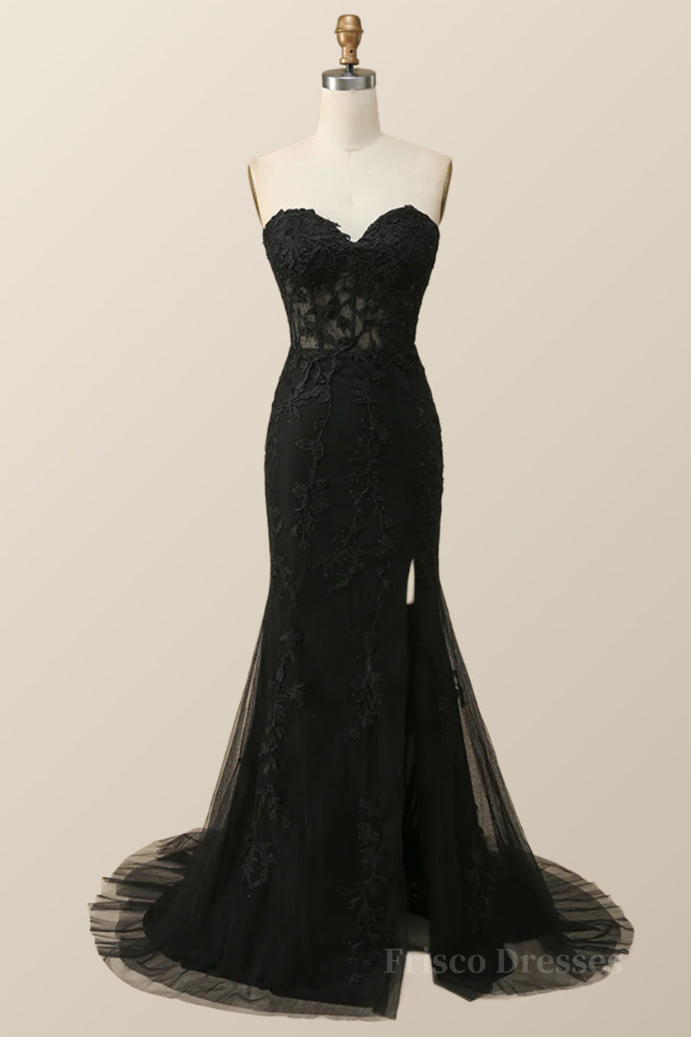 Strapless Black Lace Mermaid Long Prom Dress