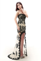 Strapless Lace Appliqued Chiffon Asymmetrical Prom Dresses