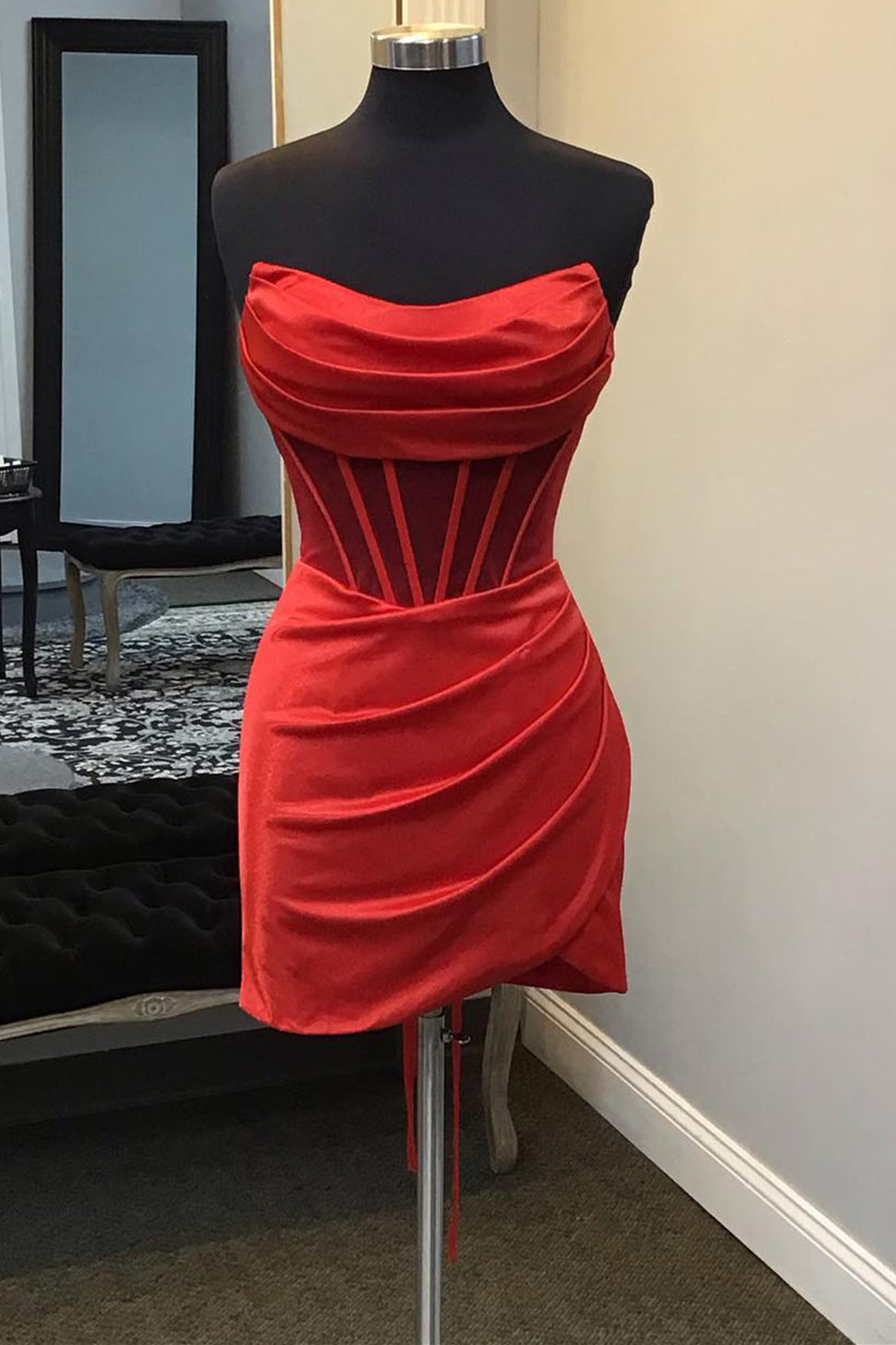 Strapless Pleated Red Satin Homecoming Dress Bodycon Dresses