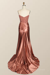 Strapless Rose Gold Satin and Lace Trumpet Formal Gown