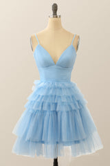Straps Blue Tiered Ruffle Short A-line Homecoming Dress