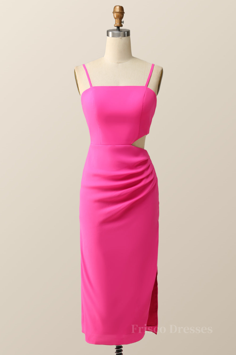 Straps Hot Pink Tight Draped Midi Dress with Keyhole