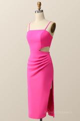 Straps Hot Pink Tight Draped Midi Dress with Keyhole