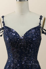 Straps Navy Blue Embroidery A-line Long Formal Dress