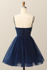 Straps Navy Blue Pleated A-line Homecoming Dress