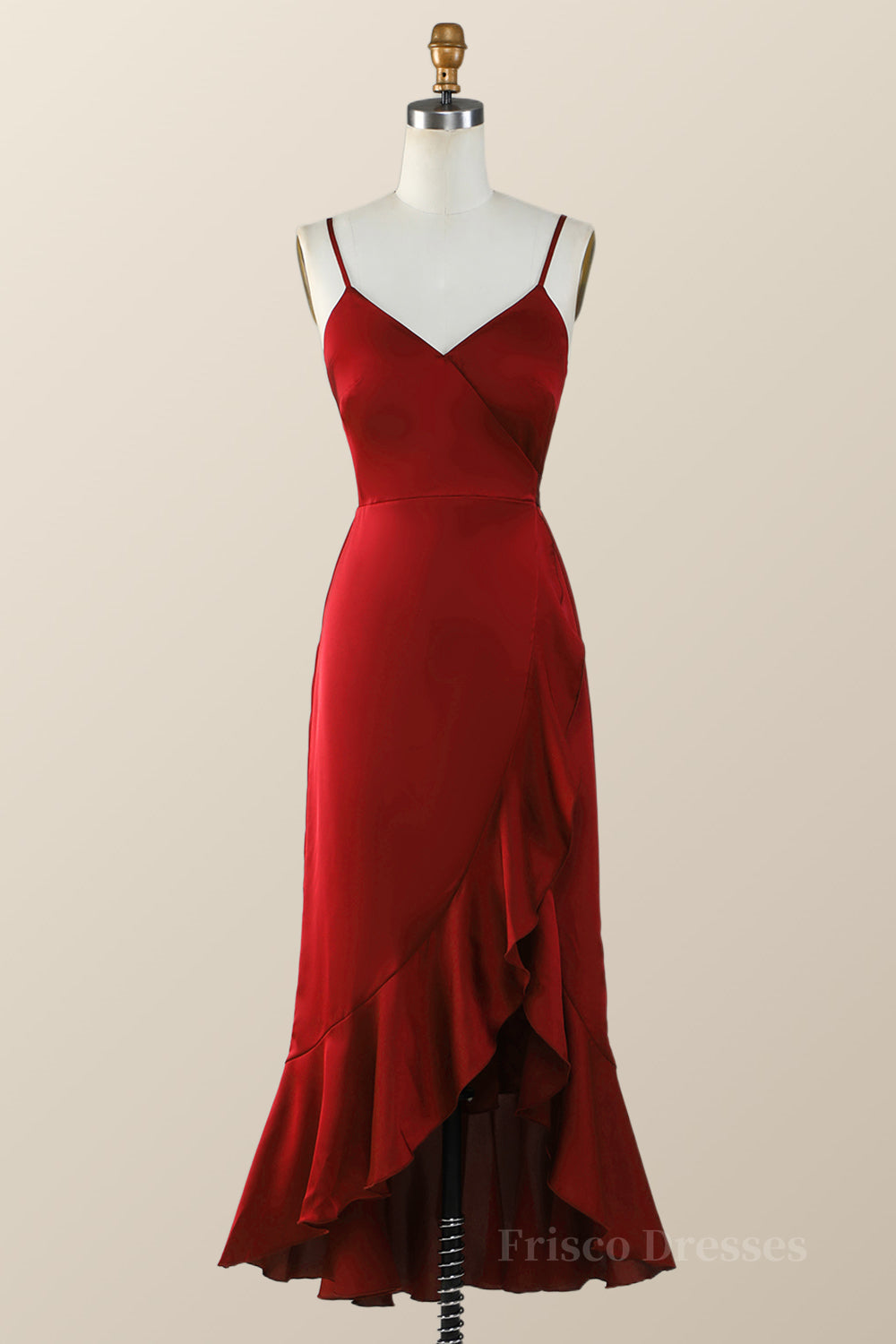 Straps Red Faux Wrap Ruffle Bridesmaid Dress