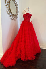 Straps Red Sequin Appliques Layered Tulle Ball Gown
