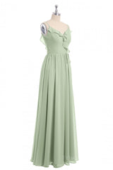 Straps Sage Green Chiffon Ruffles Long Bridesmaid Dress