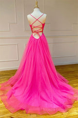 Stylish A Line V Neck Backless Hot Pink Long Prom Dress, Backless Hot Pink Formal Graduation Evening Dress