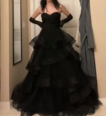 Sweetheart Black Rufflue Long Prom Evening Dress