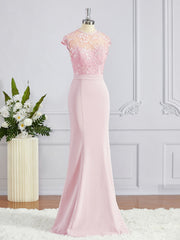 Trumpet/Mermaid High Neck Floor-Length Stretch Crepe Bridesmaid Dresses with Appliques Lace